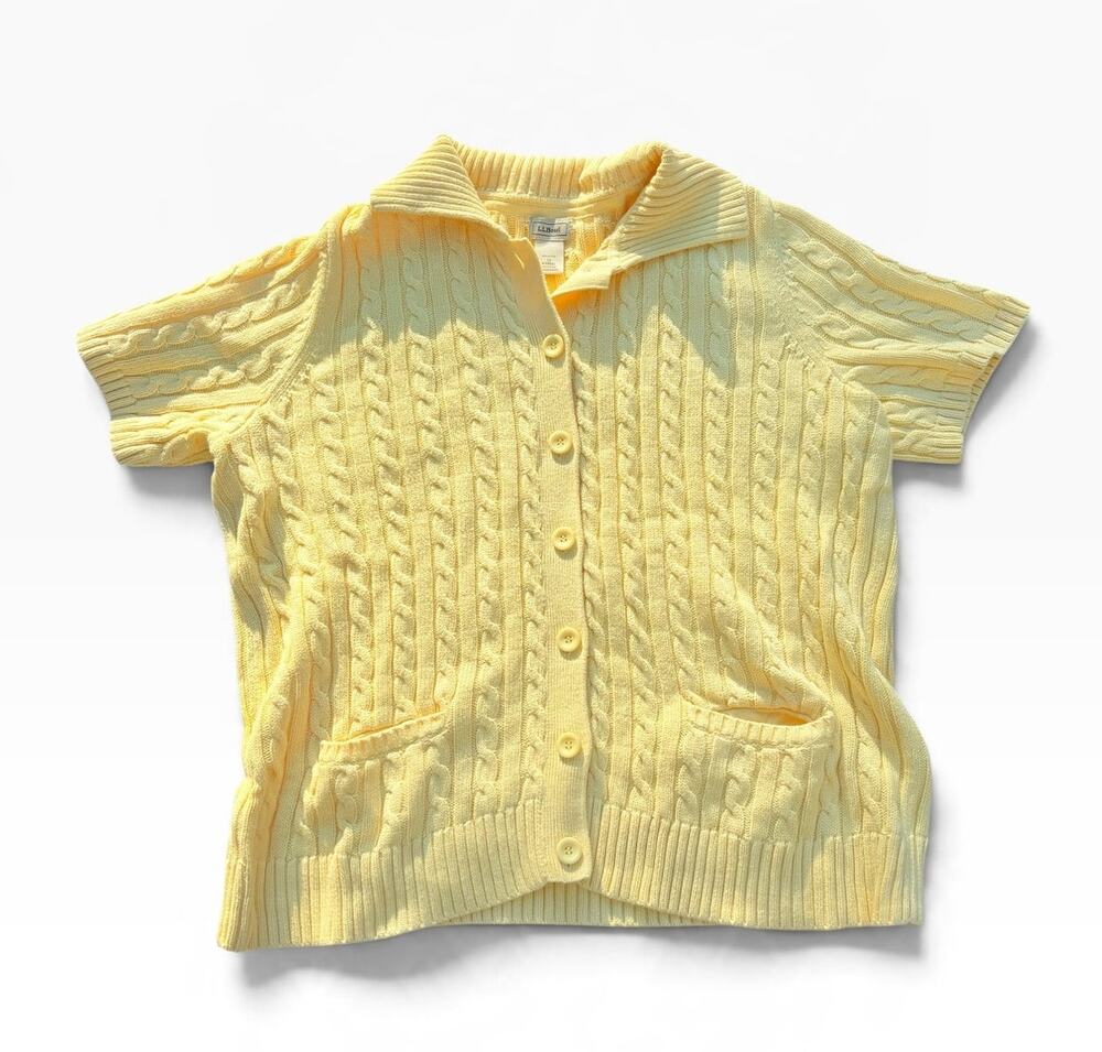 Vintage L.L.Bean Yellow Cable Knit Cardigan Sweater Short Sleeve Polo Cotton 1X